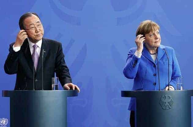 Ban Ki-moon, the UN secretary-general, and Angela Merkel, Germany's chancellor, at a press conference in Berlin on March 8, 2016. EVAN SCHNEIDER/UN PHOTO