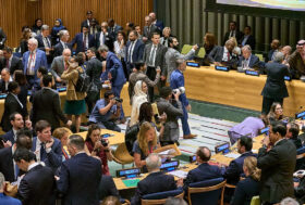 Diplomats conversing shortly before the Ministerial Meeting to start the Two-State Solution Conference