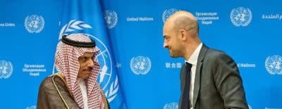 Jean-Noël Barrot, Minister for Europe and Foreign Affairs of France and Prince Faisal bin Farhan Al-Saud, the Minister for Foreign Affairs of the Kingdom of Saudi Arabia at UN Press Briefing
