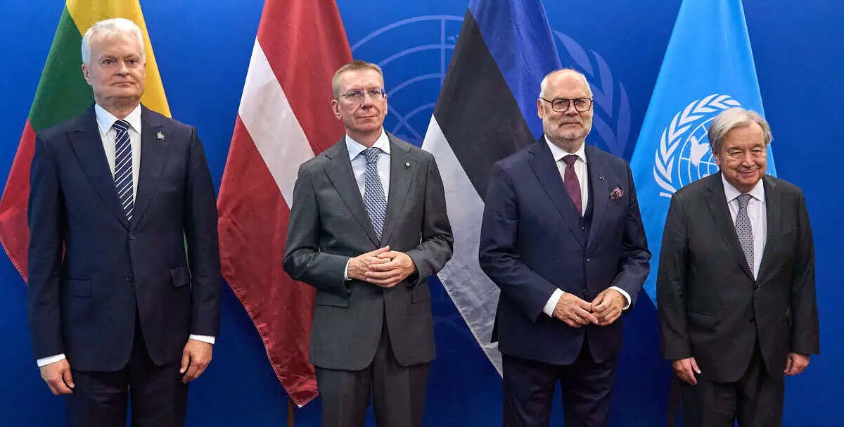 From the left, Gitanas Nausėda, President of Lithuania, Edgars Rinkēvičs, President of Latvia, Alar Karis, President of Estonia and UN Secretary-General António Guterres