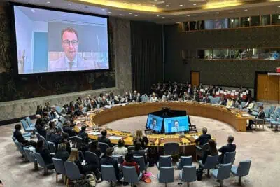 Dario Amodei, CEO of Anthropic addresses the UN Security Council by video call